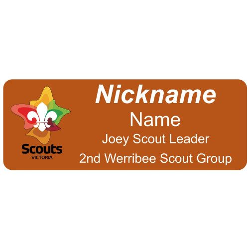 BROWN badge, 80x30mm, acrylic doming, pins
