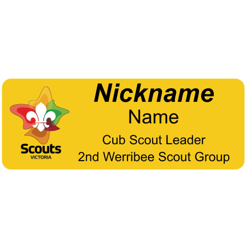 YELLOW badge, 80x30mm, acrylic doming, pins