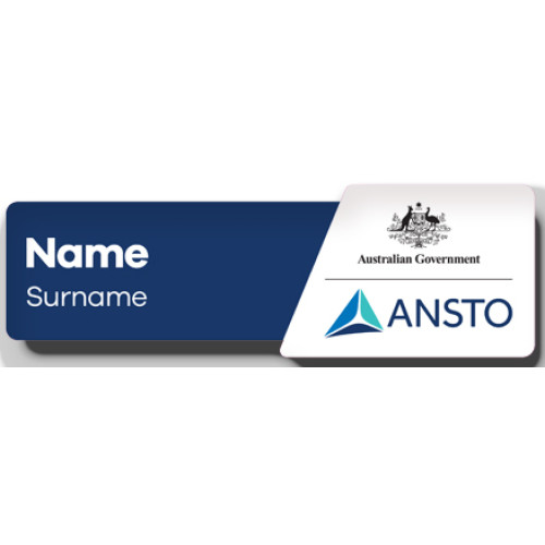 ANSTO custom shape badge with acrylic doming and magnet fitting