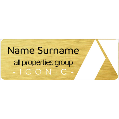 APG Brushed Gold badge 75x25mm with DOMING and magnet fitting