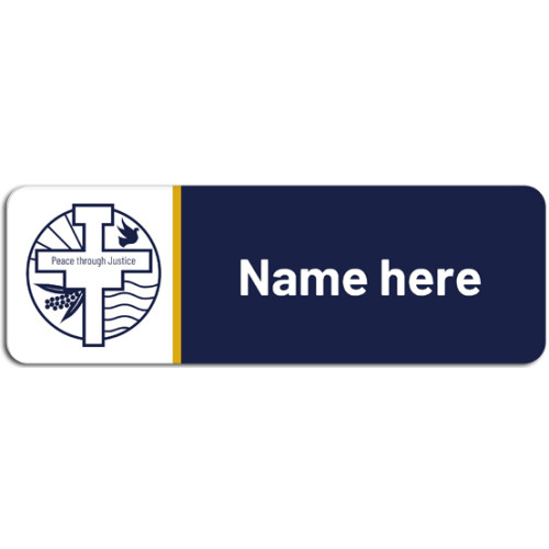 Assisi Catholic College name badge (blue background) with acrylic doming and magnet fitting