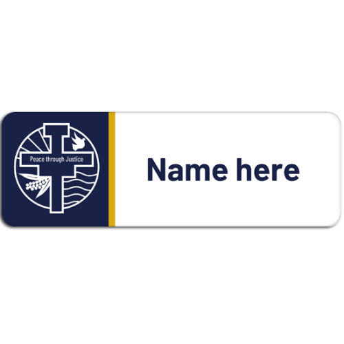 Assisi Catholic College name badge (white background) with acrylic doming and magnet fitting