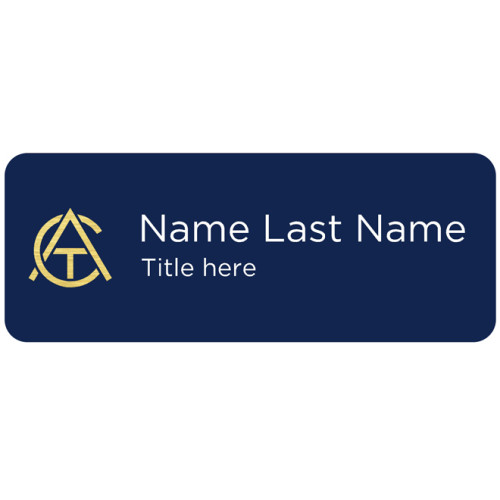ATC badge navy blue and gold 65x25mm with doming and PIN fitting