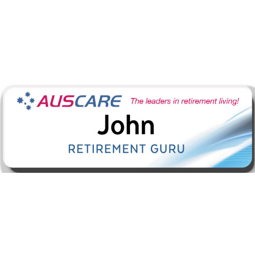 Auscare name badges 75x25mm with acrylic doming and PIN Fitting