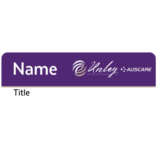 Auscare -Unley name badges 75x25mm with acrylic doming and MAGNET Fitting