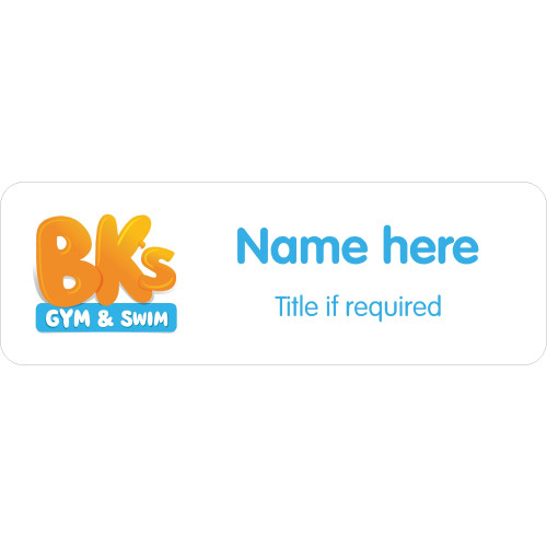 049 - BK's Gym and Swim badge 75x25mm with no doming and a pin fitting