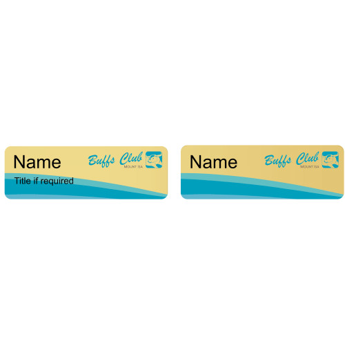 Metallic GOLD badges 75x25mm with doming and magnet fitting