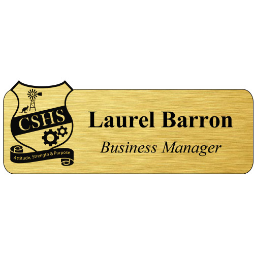 Calliope State High School custom badge with acrylic doming and magnet fitting on brushed gold