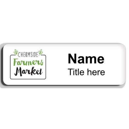 Chermside Farmers Market badge with doming and metal magnet fitting