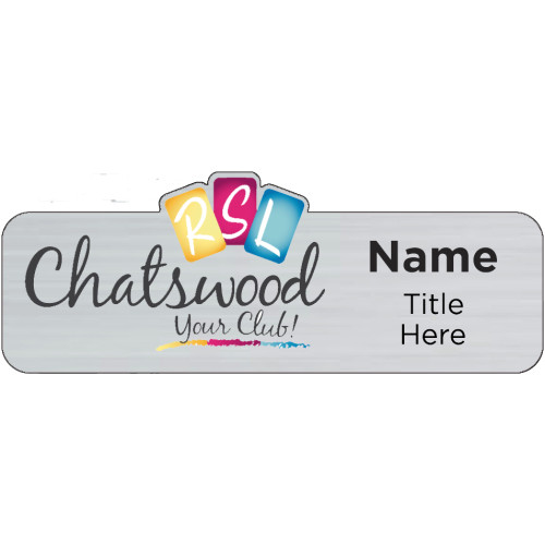 CWRSL Custom shape badge, brushed silver, 80x30mm, doming and magnet fitting