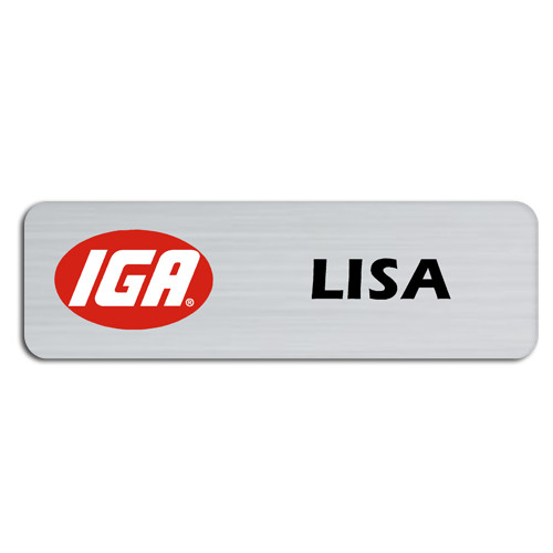 IGA badge on brushed silver (65x20mm) with acrylic doming and PIN fitting