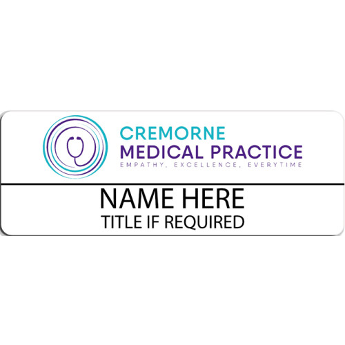 Cremorne Medical Practice badge 95x34mm with pin fitting