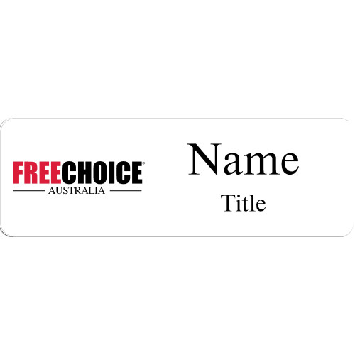 White name badge 75x25mm with doming and magnet fitting