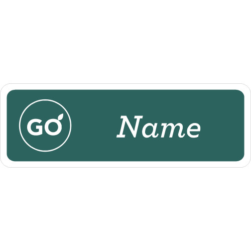 GO Badge 75x25mm - green with white text and logo and white border, no doming, pin fitting