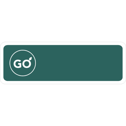 GO Badge LOGO ONLY 75x25mm - green with white text and logo and white border, no doming, pin fitting