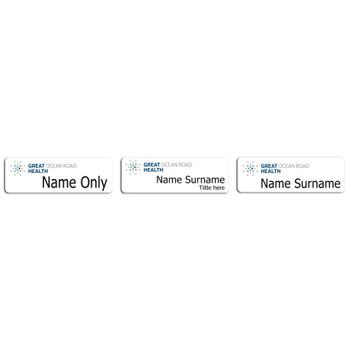 Great Ocean Road Health name badge 75x25mm with acrylic doming and PIN fitting