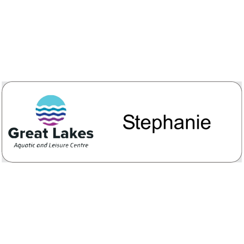 Great lakes aquatic leisure text and logo badge 75x25mm with MAGNET fitting with no doming