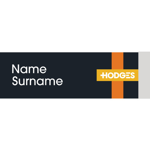 Hodges name badge with acrylic doming and PIN fitting