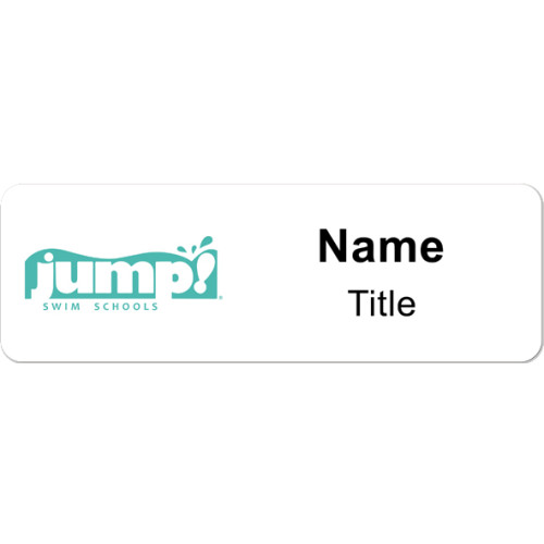 047 - Jump Swim Schools badge 75x25mm with no doming and pin fitting