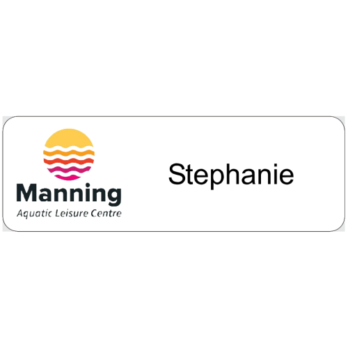 Manning Aquatic leisure text and logo badge 75x25mm with PIN fitting with no doming