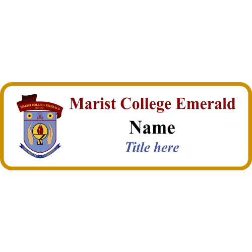 Marist College black and gold framed badge with acrylic doming and PIN fitting
