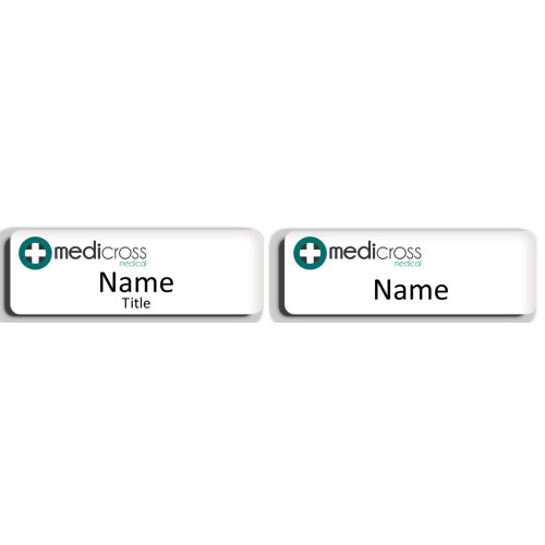 MC badge 75x25mm with acrylic doming and PIN fitting