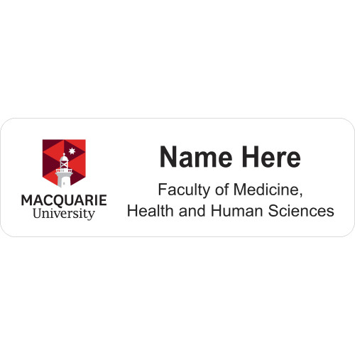 MQ University student badge 75x25mm with magnet fitting, no doming
