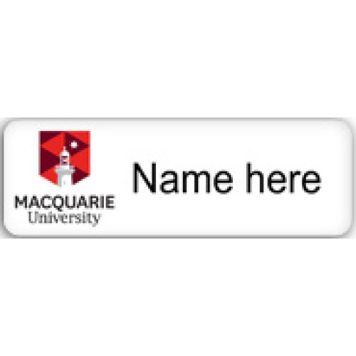 MQ University badge 65x20mm with pin fitting, no doming