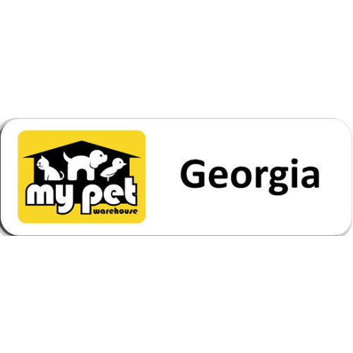 My Pet Warehouse badge 75x25mm with NO doming AND MAGNET FITTING
