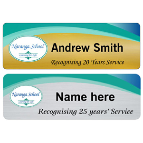 Naranga School SERVICE badge 75x25mm brushed gold/aluminium with acrylic doming and magnet fitting