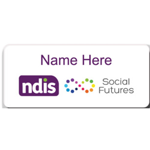 Social Futures and NDIS badge 76x33mm with doming and magnet fitting