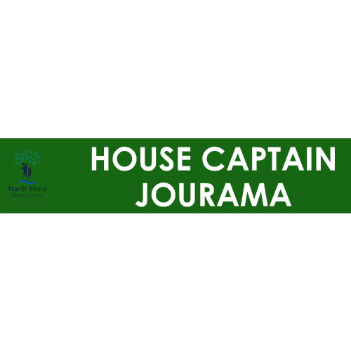 North Shore State School JOURAMA HOUSE CAPTAIN 46X10mm Badge with no doming and pin fitting in small square gold frame