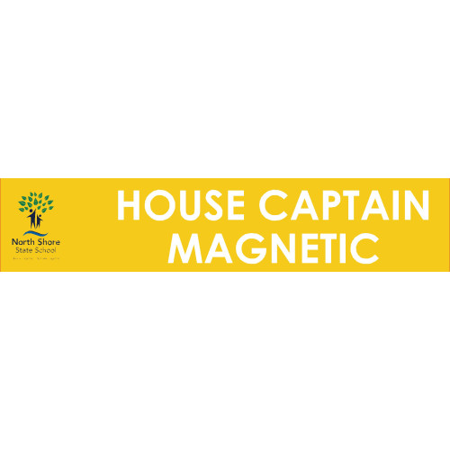 North Shore State School MAGNETIC HOUSE CAPTAIN 46X10mm Badge with no doming and pin fitting in small square gold frame