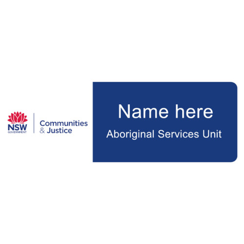 NSW Department of Community and Justice badge with no doming and magnet fitting, 80x30mm