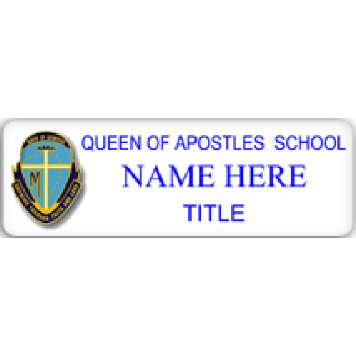 Queen of Apostles School name badge with magnet fitting