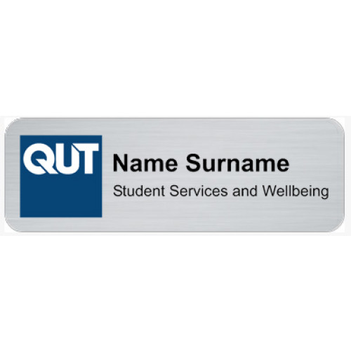 QUT badge 75x25mm, brushed silver, doming and magnet fitting