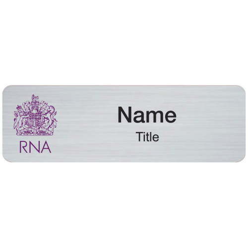 RNA badge 80x25mm brushed aluminium, no doming and magnet fitting