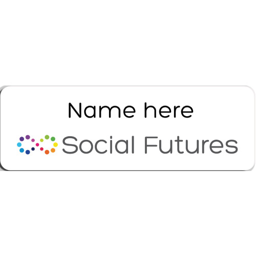 Social Futures name badge 75x25mm with acrylic doming and magnet fitting