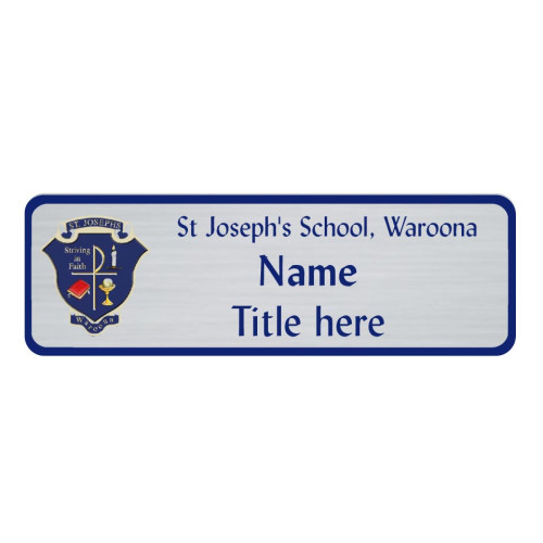 SJSW Brushed silver 75x25mm - BLUE BORDER - with doming and PIN fitting