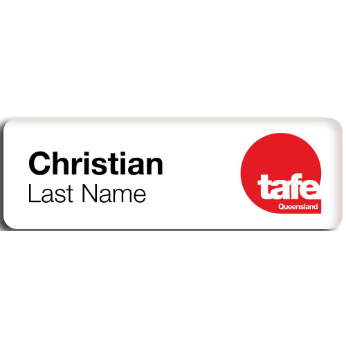 TAFE Queensland badge 75x25mm, no doming with clip and pin fitting
