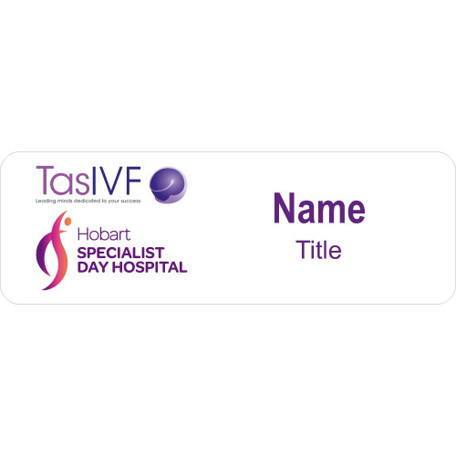 TasIVF & HSDH co-branded badge with acrylic doming and magnet fitting