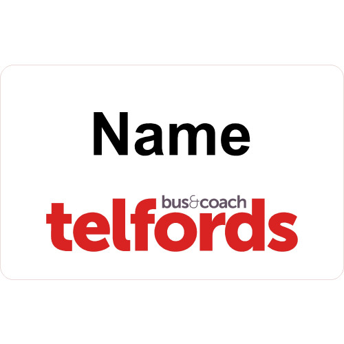 Telfords badge 80x50mm with acrylic doming, clip and pin fitting