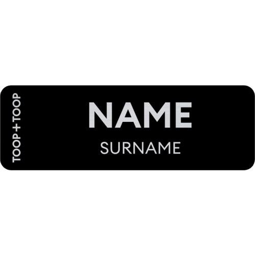 Metallic silver badge (TT) with black overlay, 75x25mm, doming, magnet fitting