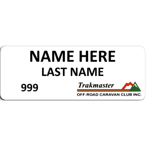 TM badge white badge 80x30mm with doming and magnet fitting
