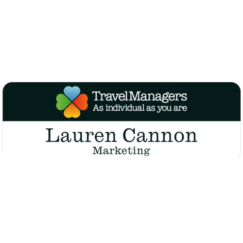 TM BADGE 75x25mm, doming and magnet fitting