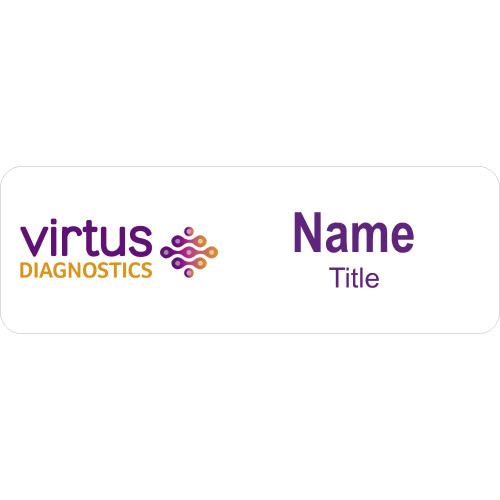 Virtus Diagnostics badge with acrylic doming and magnet fitting
