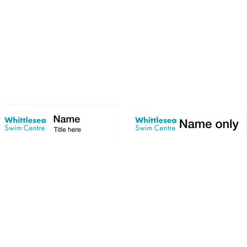 Whittlesea Swim Centre badge white 75x25mm, no doming, with MAGNET fitting