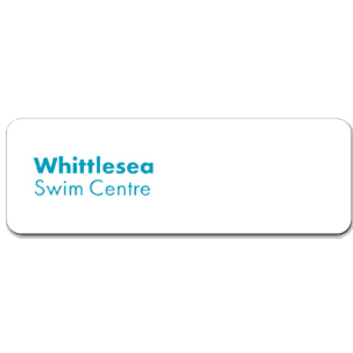 Whittlesea Swim Centre badge white 75x25mm, no doming, LOGO only with pin fitting