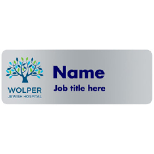Wolper Jewish hospital METALLIC SILVER name badge with Doming and magnet fitting