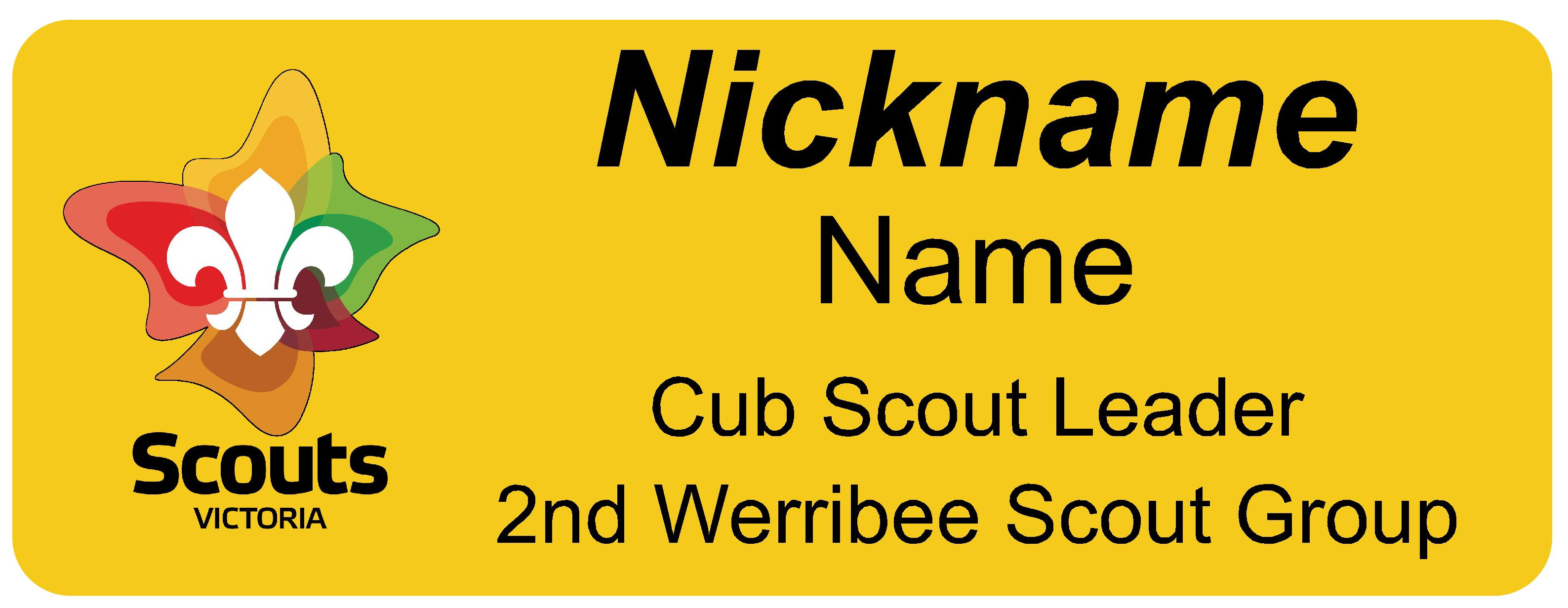 YELLOW badge, 80x30mm, acrylic doming, pins
